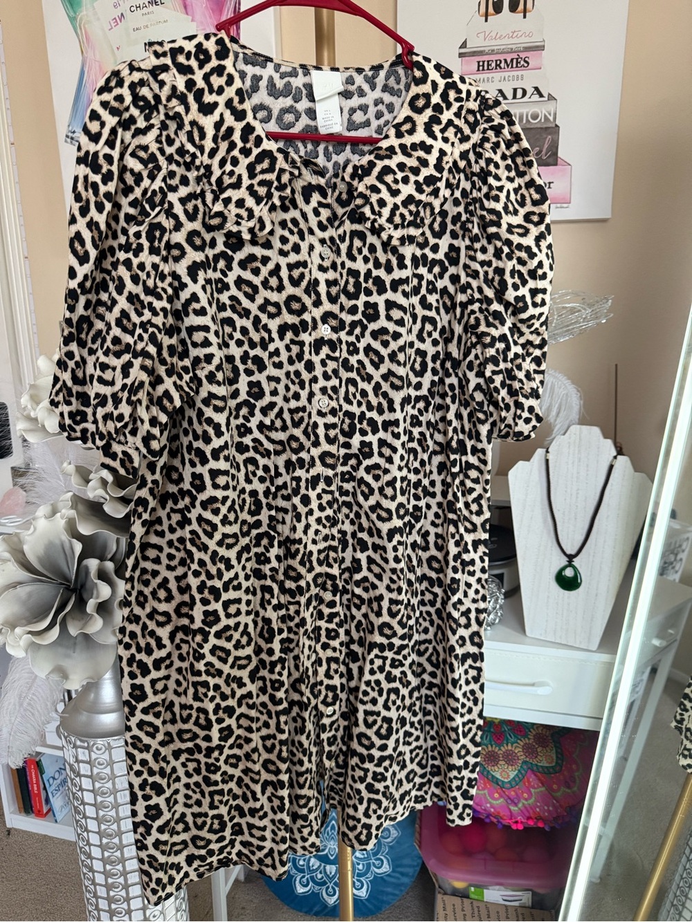 H&M Leopard Print Puff Sleeve Dress - Black & Cream